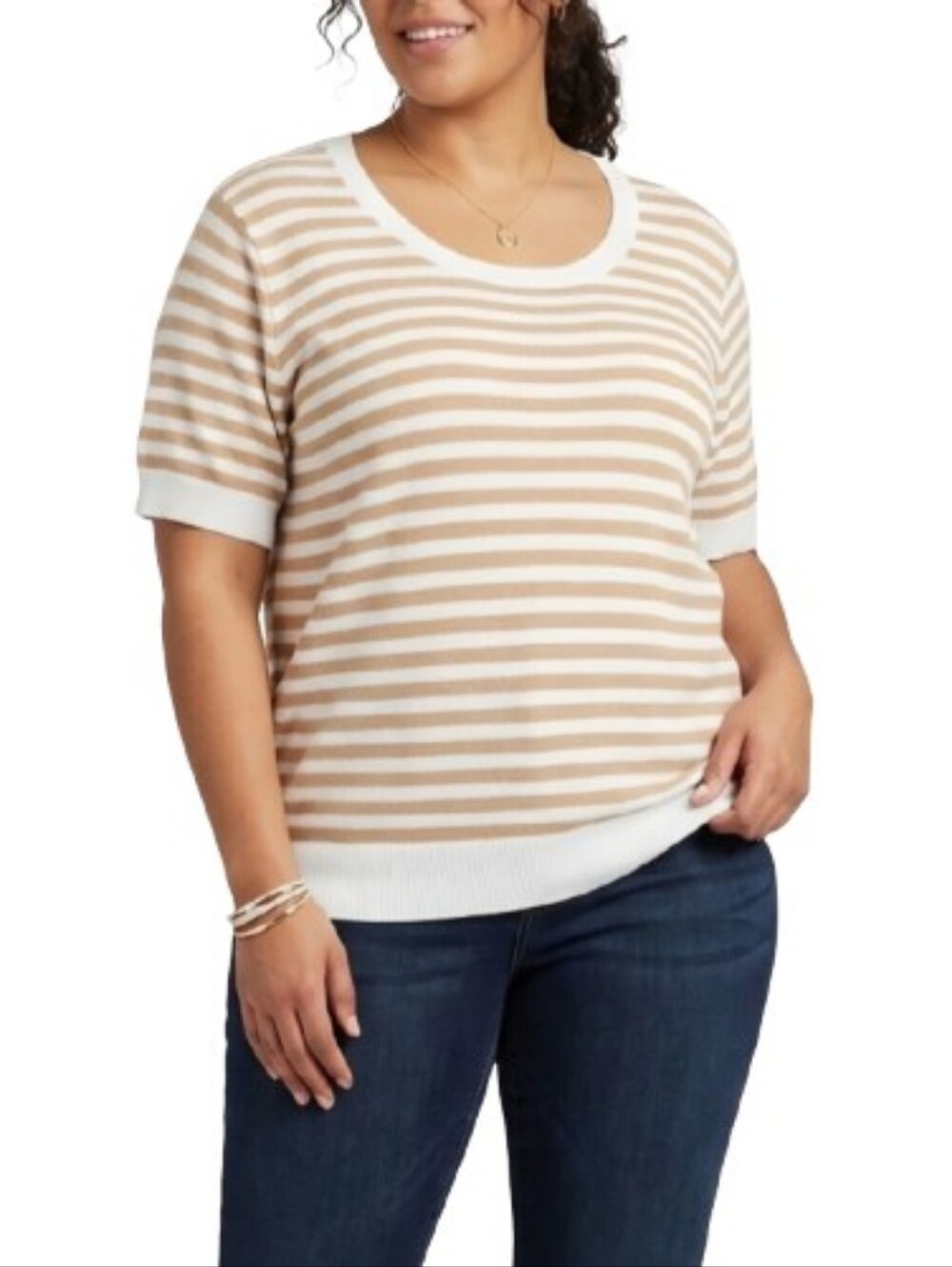 J. Crew Plus Brown Stripe Knit Blouse L5427 100% Cotton Short Sleeves